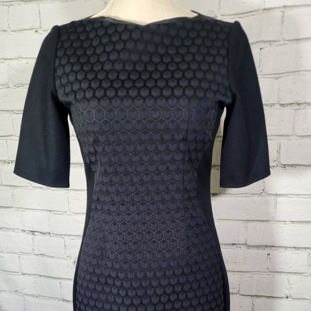 ELIE TAHARI Black Wool w/ Leather "Mila" Dress